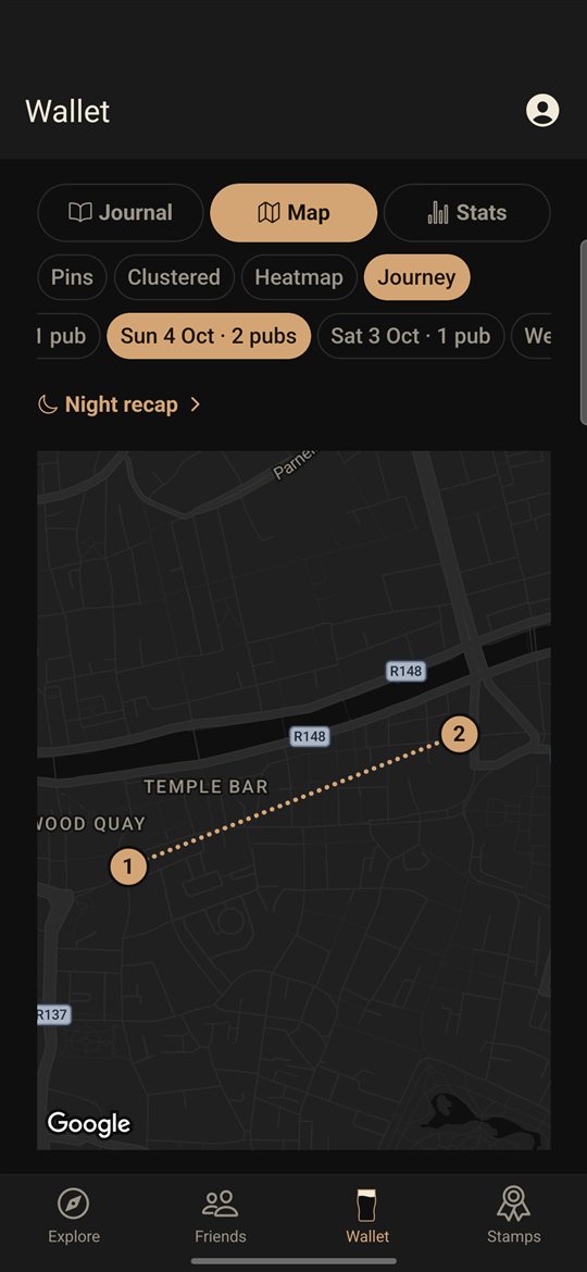 The journey map: a night's pubs joined in order, numbered stop by stop